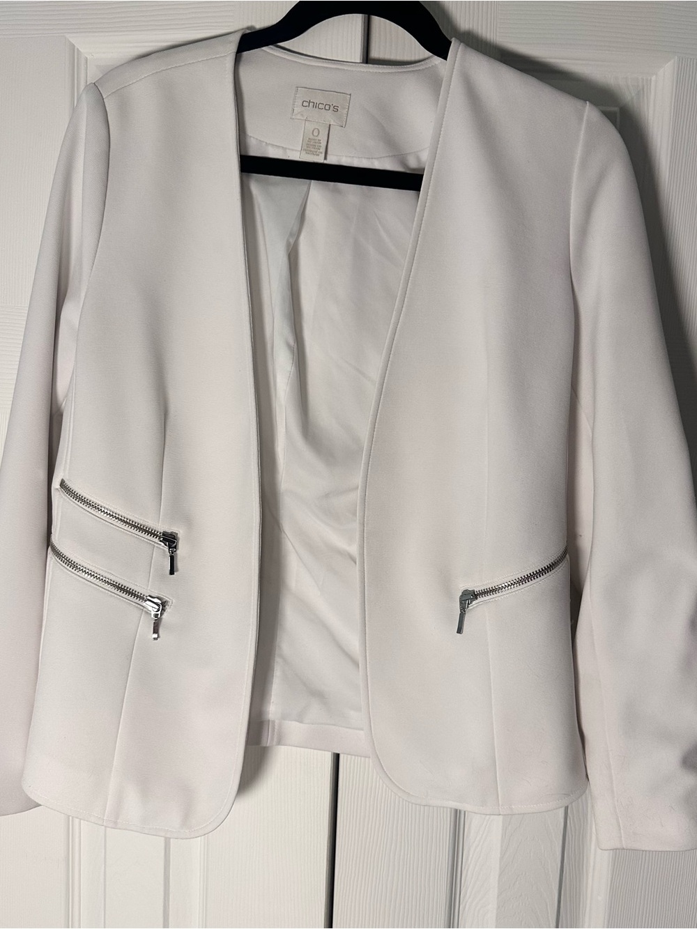 Chico's White Open-Front Jacket with Zip-Pocket Accents